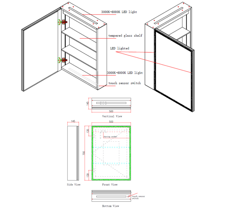 Kartell K-VIT Echo 500x700mm LED Mirror Cabinet-Chrome (EC5070MC)