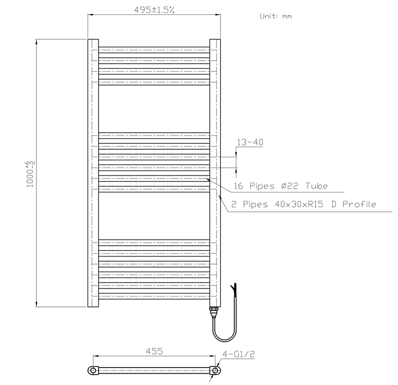 Kartell K-VIT Straight Electric Towel Rail - On/Off 500 x 1000mm Chrome (ESTR510C)