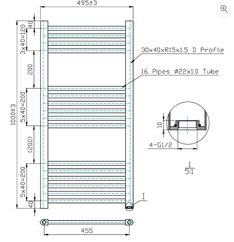 Kartell K-VIT Straight Electric Towel Rail - Thermostatic 500 x 1000mm Chrome (ETSTR510C)