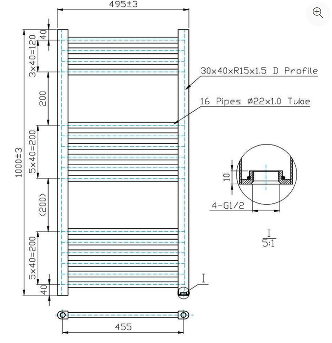Kartell K-VIT Straight Electric Towel Rail - Thermostatic 500 x 1000mm Chrome (ETSTR510C)