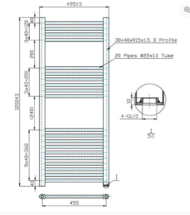Kartell K-VIT Straight Electric Towel Rail - Thermostatic 500 x 1200mm Chrome (ETSTR512C)