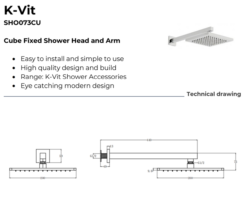 Kartell K-VIT Pure Option 2 Concealed Thermostatic Shower Set with Fixed Overhead Drencher – Chrome (SHO026PR)(SHO073CU)