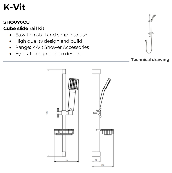Kartell K-VIT Pure Option 1 Thermostatic Concealed Shower with Adjustable Slide Rail Kit (SHO026PR-SHO070CU-SHO091OE)