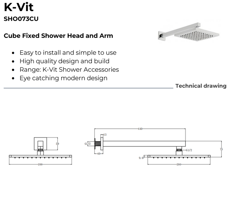 K-VIT Pure Option 6 Triple Thermostatic Concealed Shower with Slide Rail Kit and Overhead Drencher (SHO025PU-SHO070CU SHO091OE-SHO073CU)