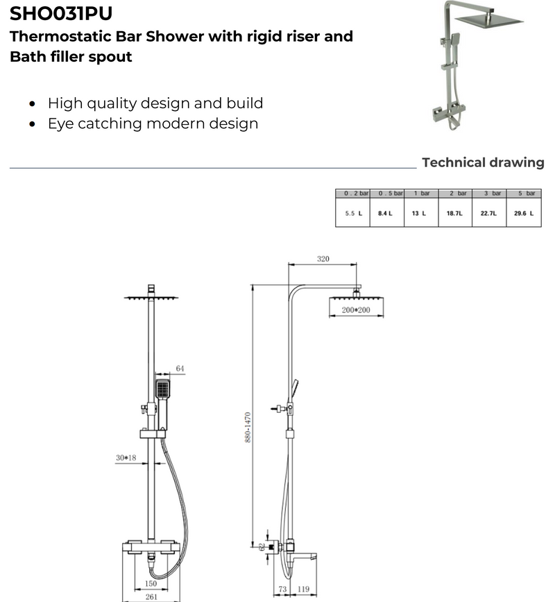 Kartell K-VIT Pure Option 7 Thermostatic Shower with Overhead Drencher, Sliding Handset & Bath Filler Spout – Chrome (SHO031PU)
