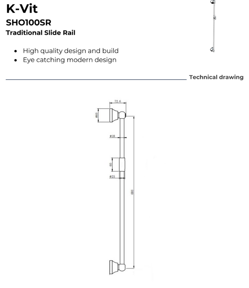Kartell K-VIT Viktory Option 1 Concealed Thermostatic Shower Set with Adjustable Slide Rail Kit – Chrome (SHO032VI)(SHO100SR)(SHO092OE)