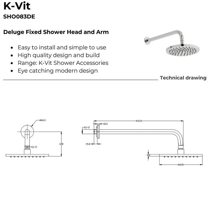 Kartell K-VIT Viktory Option 2 Concealed Thermostatic Shower Set with Fixed Overhead Drencher – Chrome (SHO032VI)(SHO083DE)