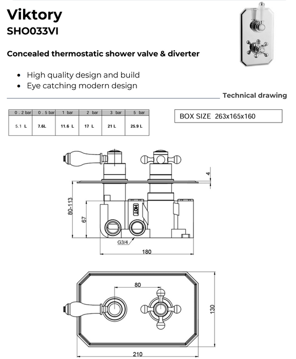 Kartell K-Vit Viktory Option 3 Thermostatic Concealed Shower with Adjustable Slide Rail Kit & overhead Drencher (SHO033VI)(SHO100SR)(SHO092OE)(SHO083DE)