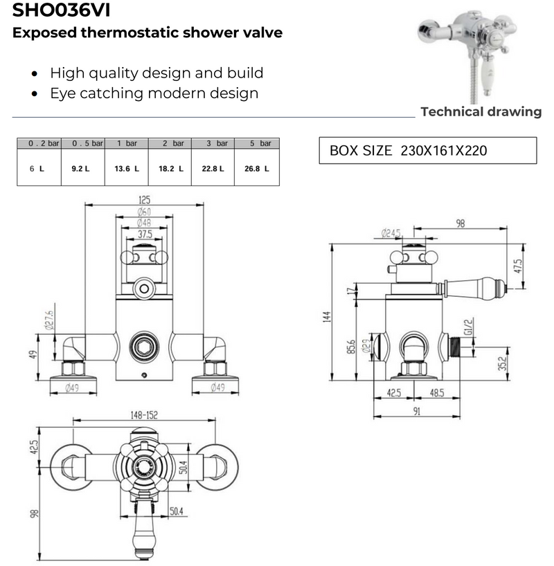 Kartell K-VIT Viktory Option 4 Exposed Thermostatic Shower with Adjustable Slide Rail Kit – Chrome (SHO036VI)(SHO100SR)