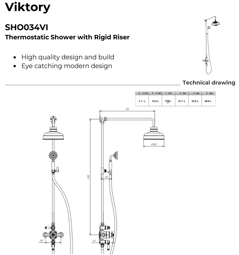 Kartell K-VIT Viktory Option 5 Thermostatic Shower with Rigid Riser, Overhead Drencher & Handset – Chrome (SHO034VI)