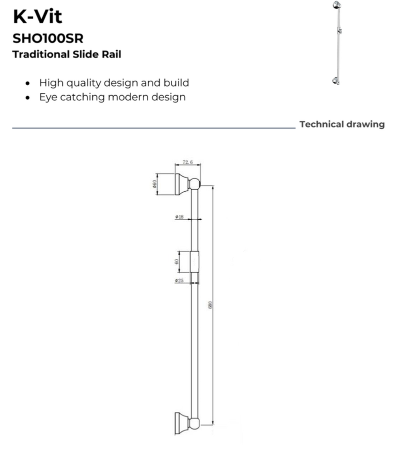 Kartell K-VIT Klassique Option 1 Concealed Thermostatic Shower Set with Adjustable Slide Rail Kit – Chrome (SHO042KL)(SHO100SR)(SHO092OE)