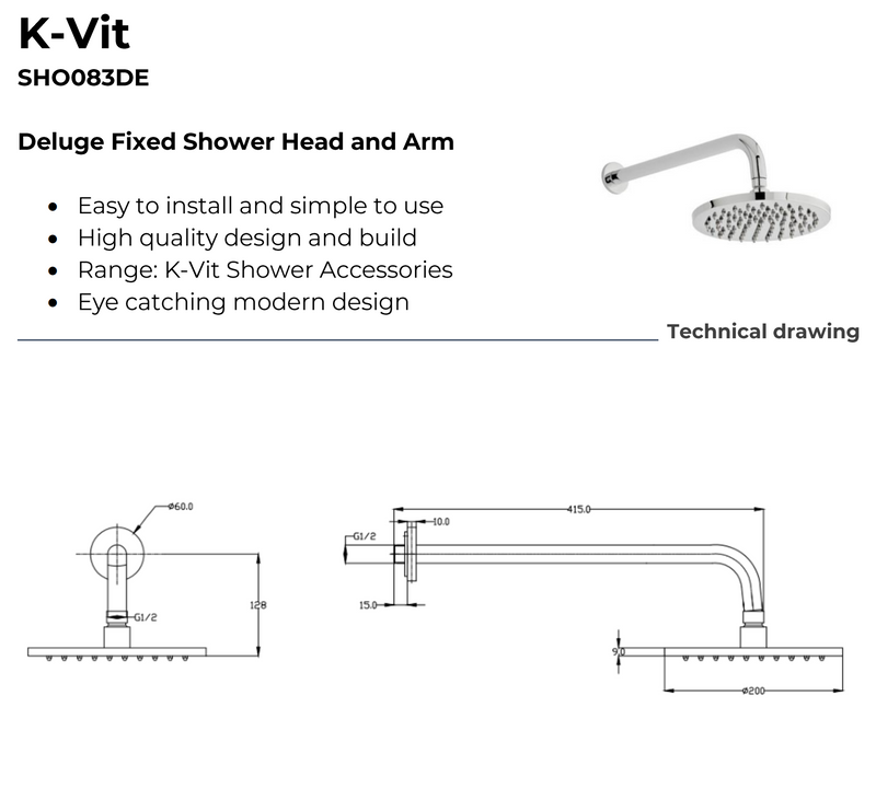 Kartell K-VIT Klassique Option 2 Concealed Thermostatic Shower Set with Fixed Overhead Drencher – Chrome (SHO042KL)(SHO083DE)