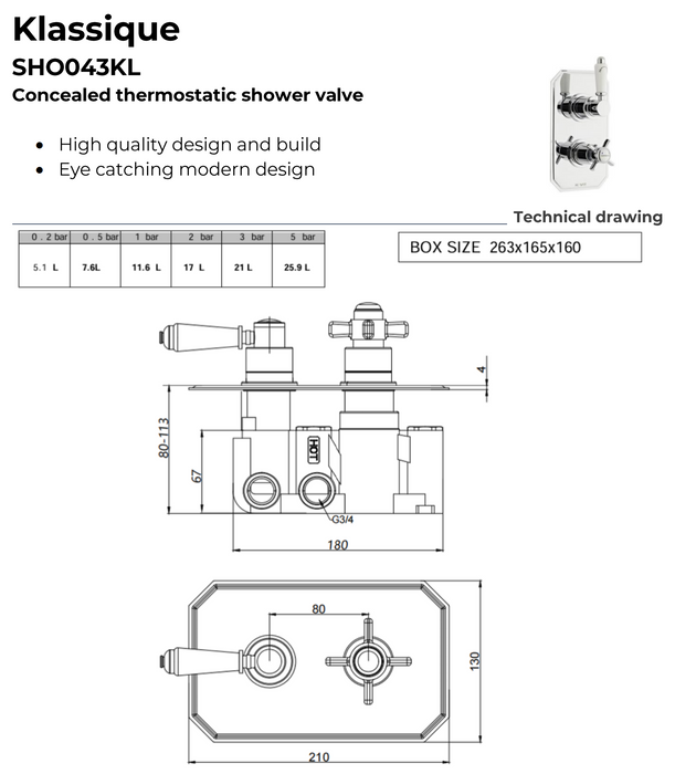 Kartell K-VIT Klassique Option 3 Thermostatic Concealed Shower with Adjustable Slide Rail Kit and Overhead Drencher (SHO043KL)(SHO100SR)(SHO092OE)(SHO083DE)