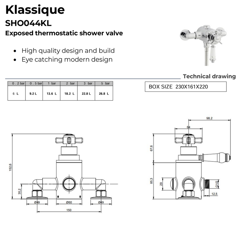 Kartell K-VIT Klassique Option 4 Exposed Thermostatic Shower with Adjustable Slide Rail Kit – Chrome (SHO044KL)(SHO100SR)