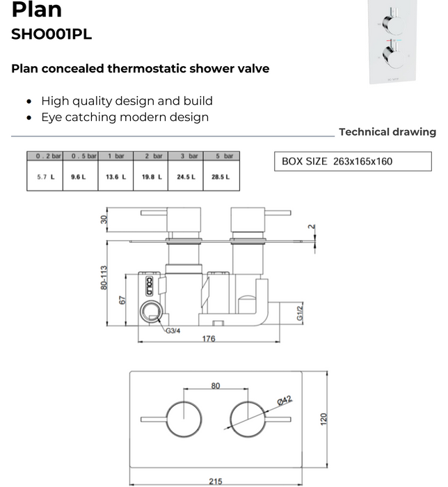 Kartell K-VIT Plan Option 2 Thermostatic Concealed Shower with Fixed Overhead Drencher (SHO001PL)(SHO083DE)