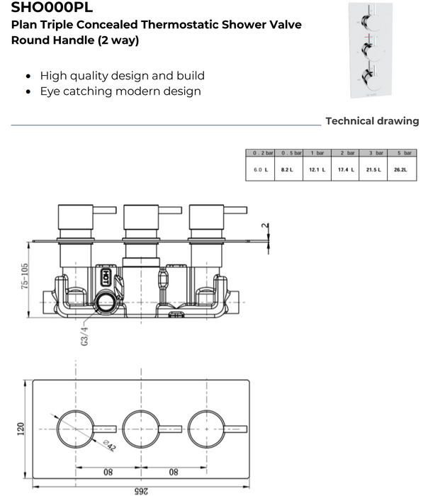 Kartell K-VIT Plan Concealed Triple Thermostatic Shower Valve Round Handle-2 Way and 3 Way Chrome (SHO000PL)(SHO012PL)