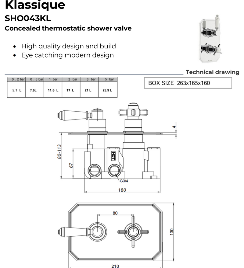 Kartell K-VIT Klassique Concealed Thermostatic Shower Valve & Diverter – Chrome (SHO043KL)