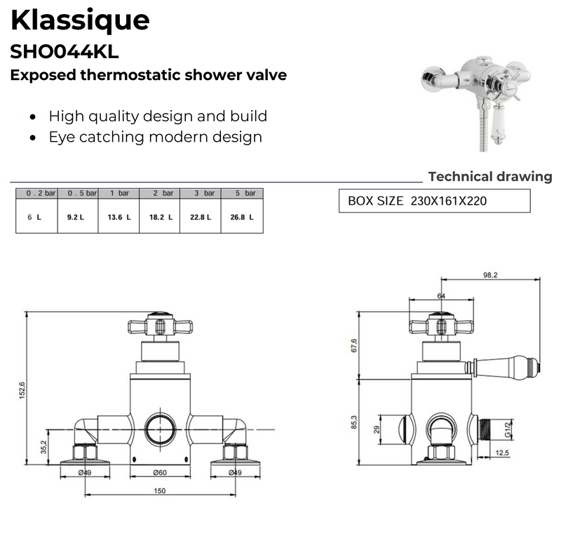 Kartell K-VIT Klassique Exposed Thermostatic Shower Valve – Chrome (SHO044KL)