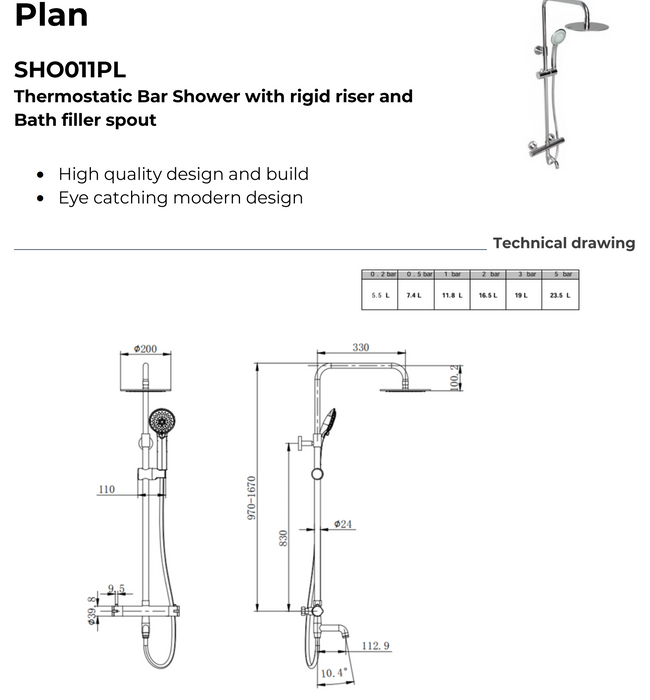 Kartell K-VIT Plan Option 11 Thermostatic Bar Shower with Rigid Riser and Bath Filler Spout (SHO011PL)