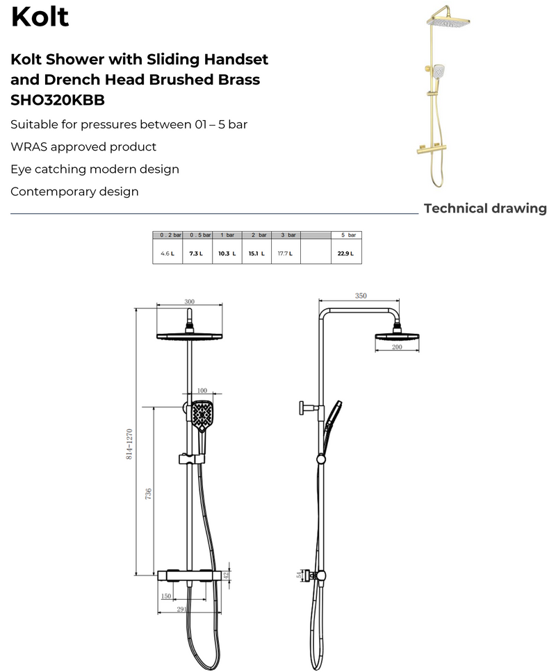 Kartell K-VIT Kolt Option 1 Thermostatic Bar Shower with Overhead Drencher and Sliding Handset – Brushed Brass (SHO320KBB)