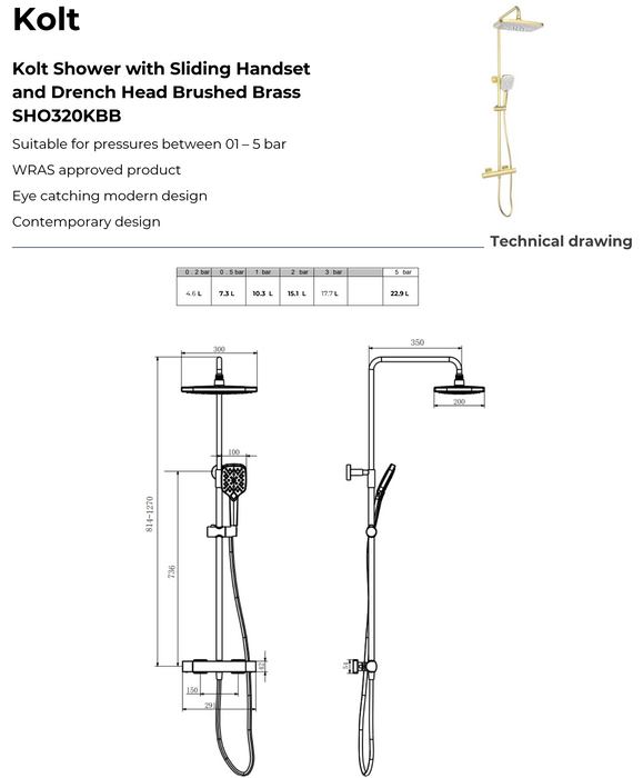 Kartell K-VIT Kolt Shower With Sliding Handset And Drench Head-Brushed Brass (SHO320KBB)
