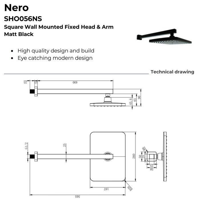 Kartell K-VIT Nero Square Option 2 Thermostatic Shower with Fixed Overhead Drencher Matt Black (SHO47NS)(SHO056NS)