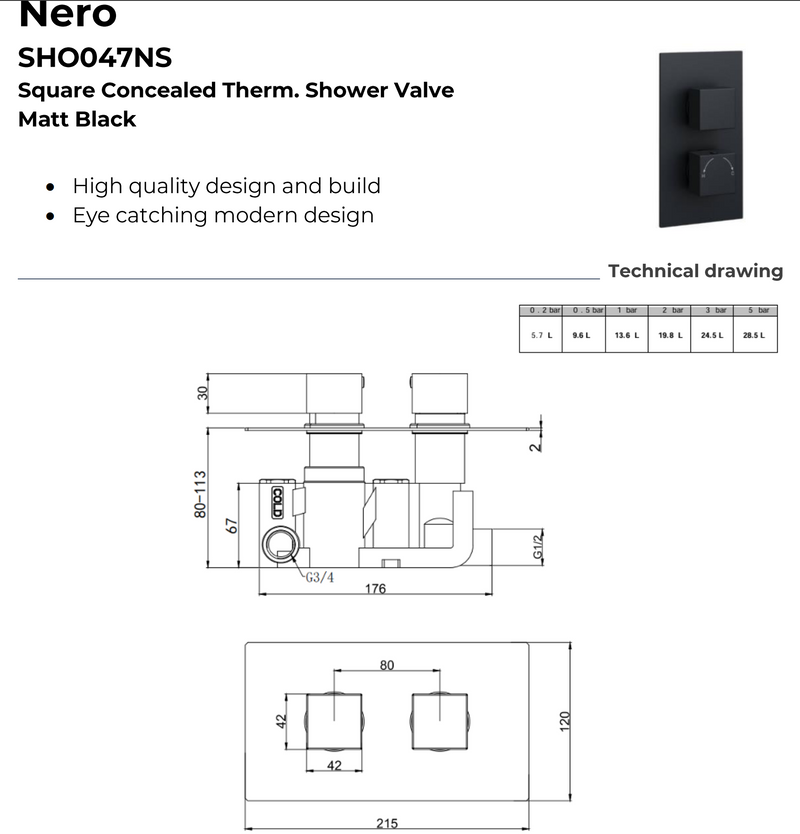 Kartell K-VIT Nero Square Option 3 Concealed Thermostatic Shower Set with Adjustable Slide Rail Kit – Matt Black (SHO047NS)(SHO058NS)(SHO089NS)