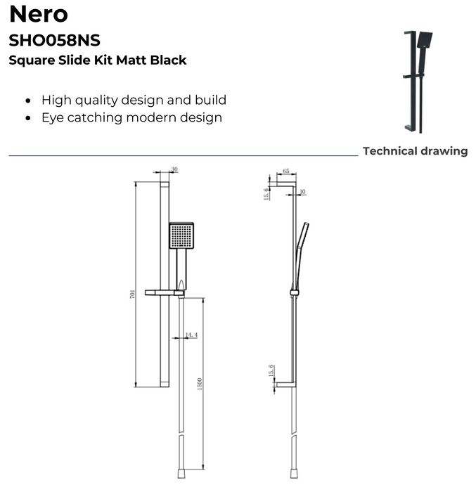 Kartell K-VIT Nero Square Option 3 Thermostatic Shower With Adjustable Slide Rail Kit Matt Black (SHO047NS)(SHO058NS)(SHO089NS)