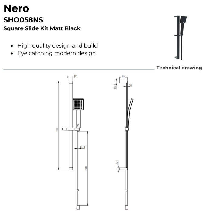 Kartell K-VIT Nero Square Option 4 Thermostatic Shower (with Diverter) Slide Rail Kit and Fixed Overhead Drencher Matt Black (SHO049NS)(SHO058NS)(SHO089NS)(SHO056NS)