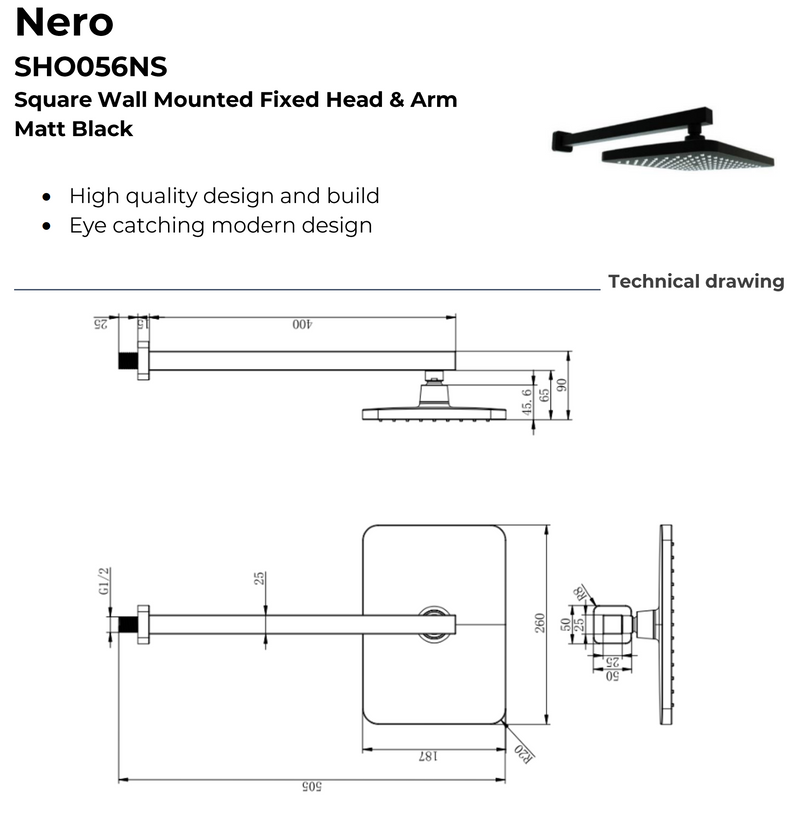 Kartell K-VIT Nero Square Option 4 Concealed Thermostatic Shower Set with Adjustable Slide Rail Kit & Fixed Overhead Drencher – Matt Black (SHO049NS)(SHO058NS)(SHO089NS)(SHO056NS)