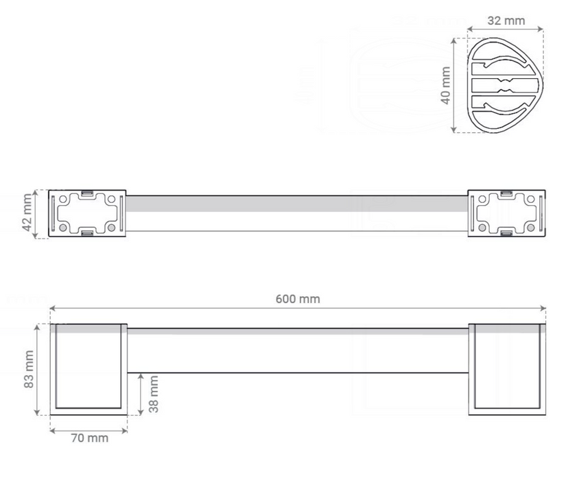 AKW Onyx 2 - 600mm grab rail - Matt Black rail and covers (12803BLK-LS)
