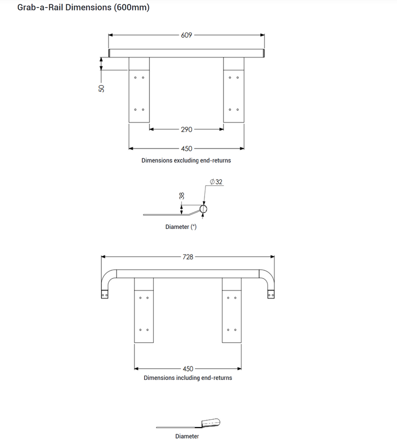 AKW Grab-A-Rail 600mm and 1000mm White (GAR600WH)(GAR1000WH)