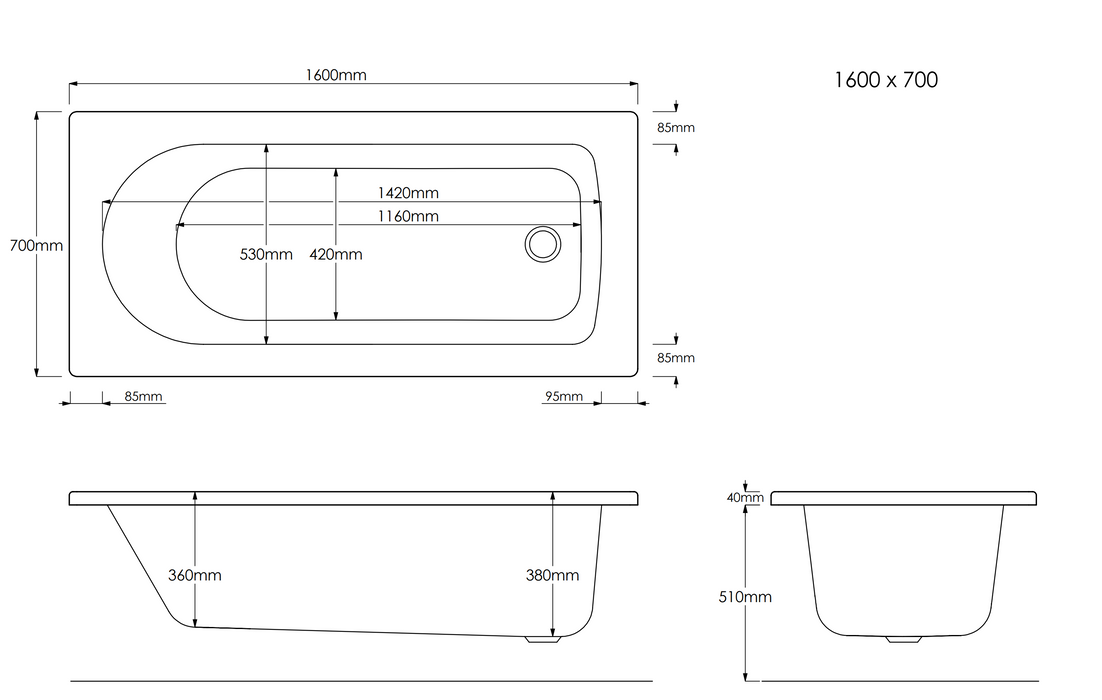 Kartell K-VIT Proton 1600 x 700 Contract Bath (BAT1600PRO)