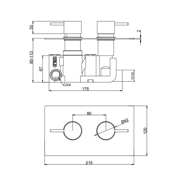 Kartell K-VIT Ottone Brushed Brass Option 2 Thermostatic Concealed Shower with Fixed Overhead Drencher (SHO141OT-SHO143OT)