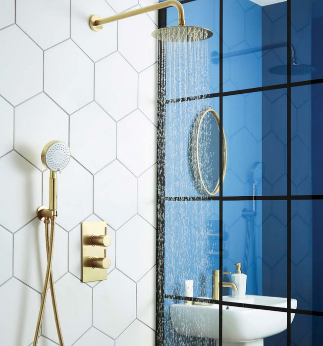 Kartell K-VIT Ottone Brushed Brass Option 4 Thermostatic Concealed Shower with Adjustable Slide Rail Kit and Fixed Overhead Drencher (SHO0142OT-SHO144OT-SHO143OT-SHO145OT)