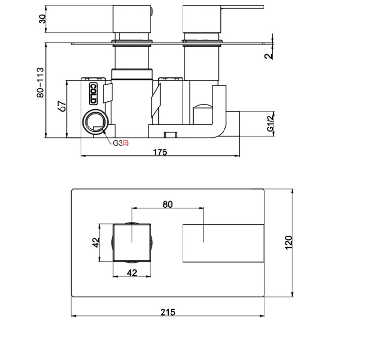 Kartell K-Vit Element Option 3 Thermostatic Concealed Shower with Adjustable Slide Rail Kit & Overhead Drencher (SHO010EL)(SHO070CU)(SHO091OE)(SHO073CU)