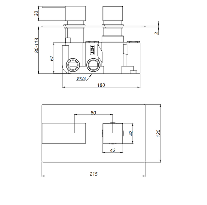 Kartell K-Vit Element Option 3 Thermostatic Concealed Shower with Adjustable Slide Rail Kit & Overhead Drencher (SHO010EL)(SHO070CU)(SHO091OE)(SHO073CU)