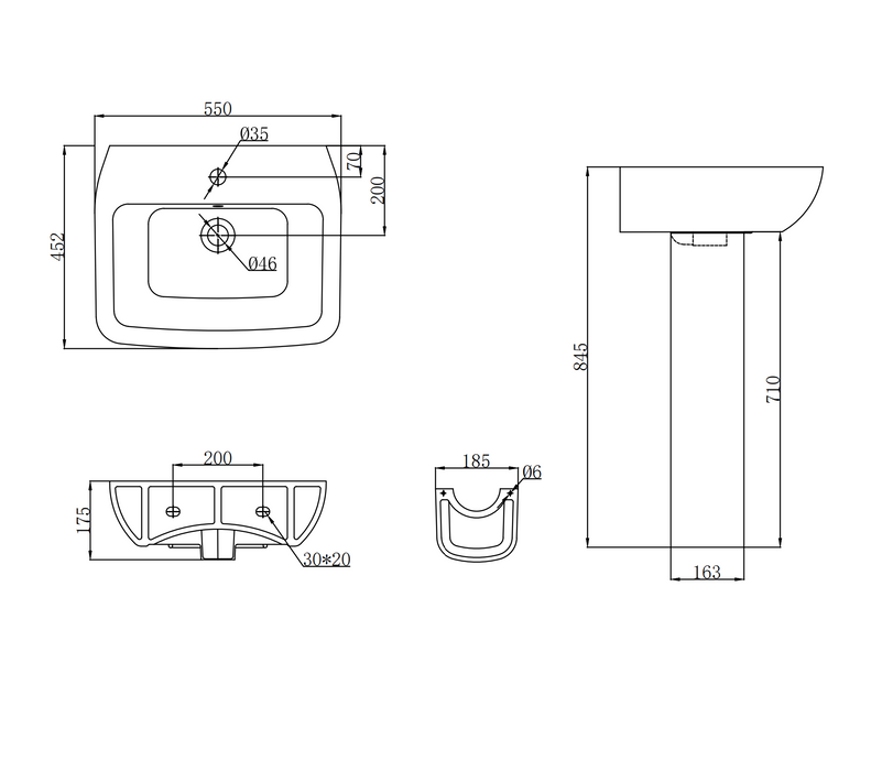 Kartell K-VIT Evoque/Korsika 550mm 1 Tap Hole Basin with Full Pedestal – (POT660EK)(POT661EK)