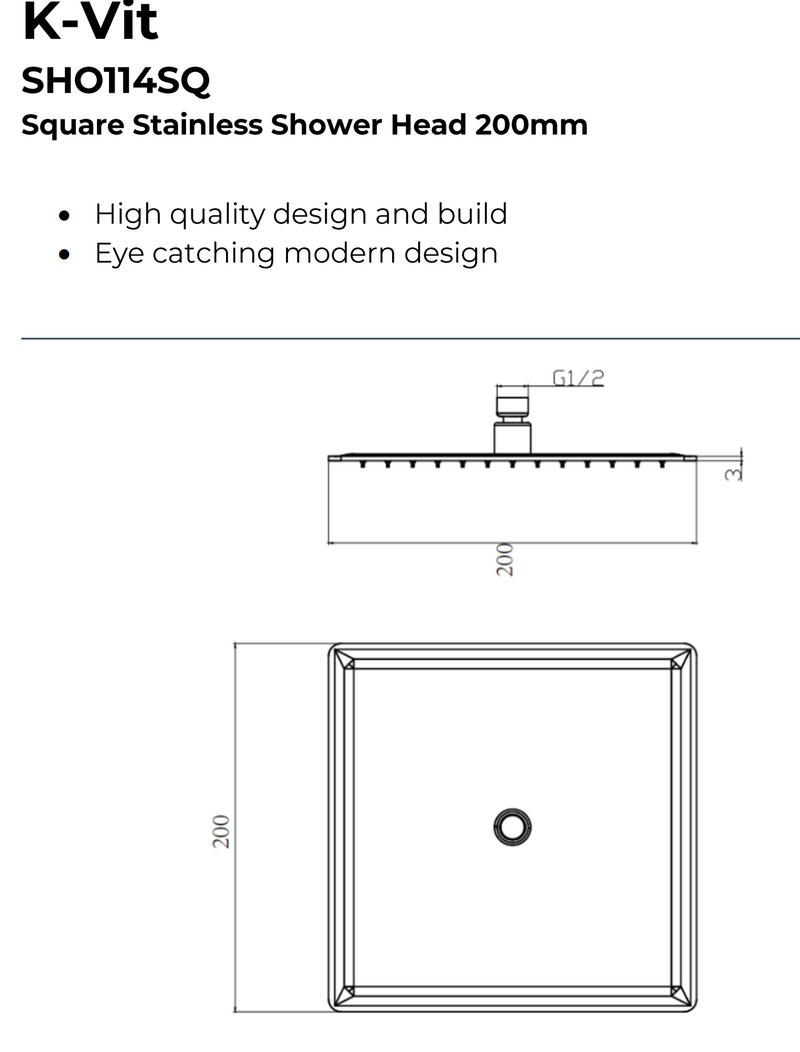 Kartell K-VIT Square Stainless Shower Head -Chrome (SHO114SQ)(SHO115SQ)(SHO116SQ)