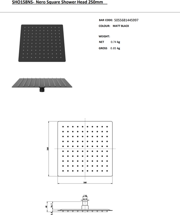 Kartell K-VIT Nero Square Shower Head- Matt Black (SHO157NS)(SHO158NS)(SHO159NS)