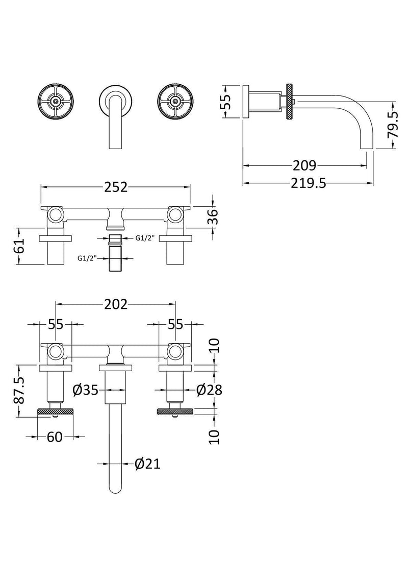 Nuie Revolution Chrome 4 Tap Hole Bath Shower Mixer dimensions line drawing
