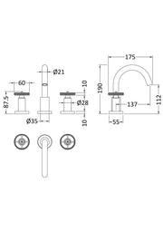 Nuie Revolution Chrome Deck Mounted 3 Tap Hole Basin Mixer with Pop Up Waste dimensions line drawing