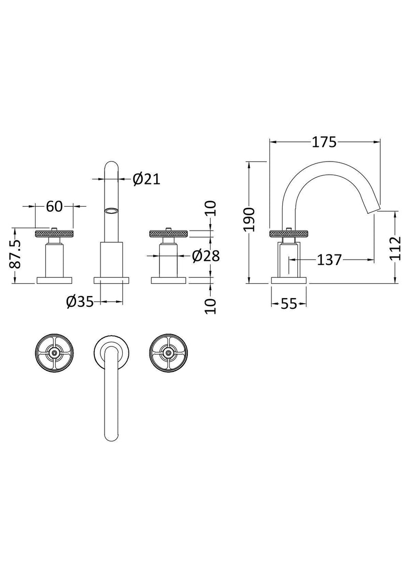 Nuie Revolution Chrome Deck Mounted 3 Tap Hole Basin Mixer with Pop Up Waste dimensions line drawing