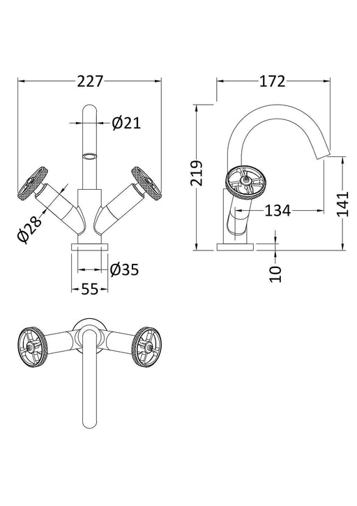 Nuie Revolution Matt Black Mono Basin Mixer with Push Button Waste dimensions line drawing
