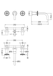 Nuie Revolution Matt Black Wall Mounted Basin Mixer dimensions line drawing