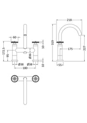 Nuie Revolution Brushed Brass Bath Filler dimensions line drawing