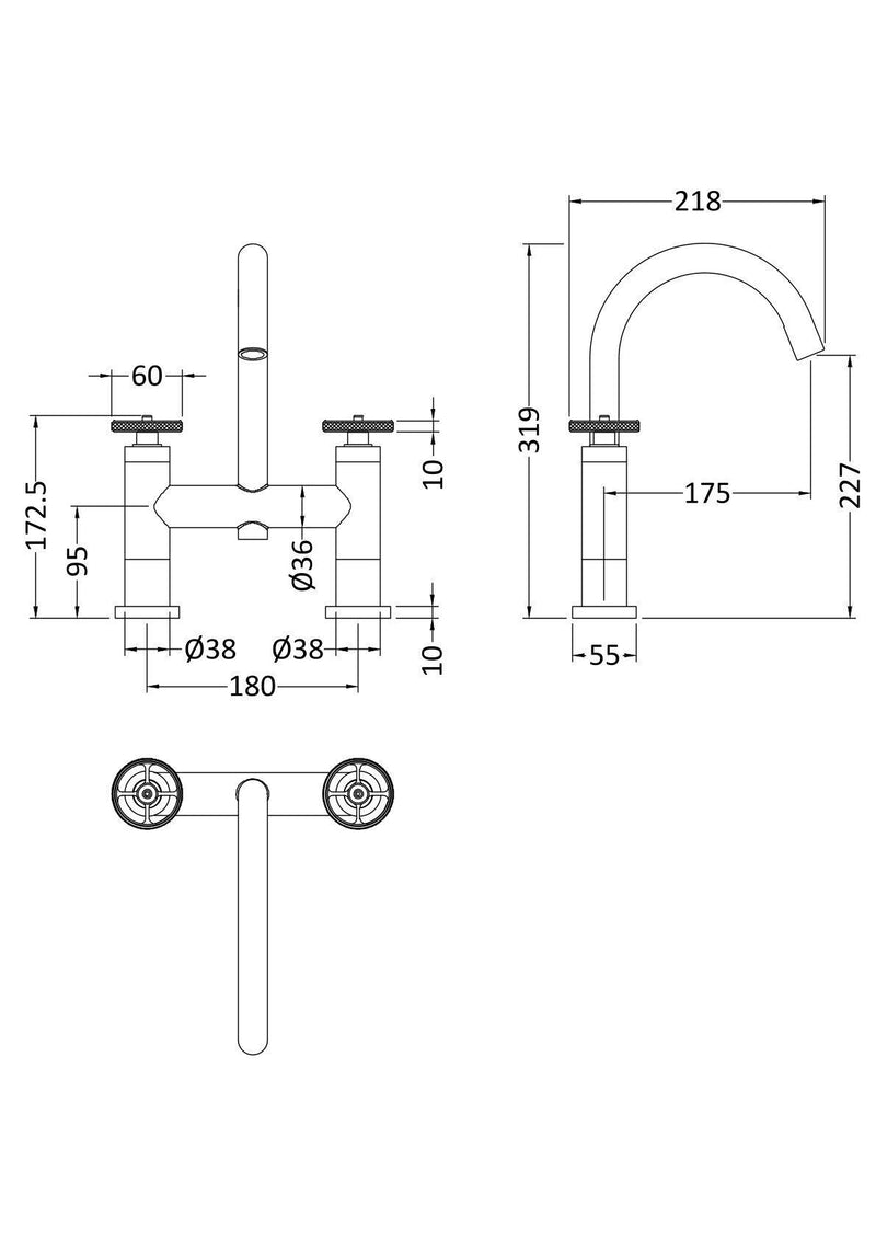 Nuie Revolution Brushed Brass Bath Filler dimensions line drawing