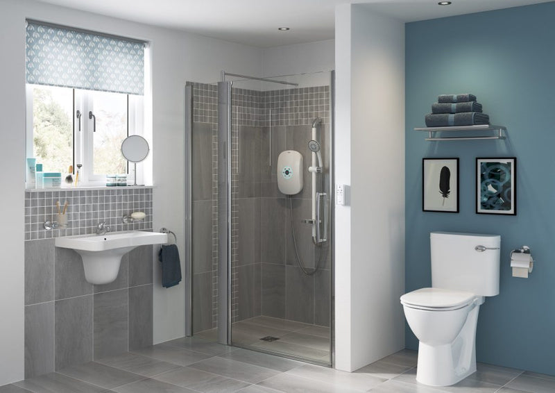 AKW Larenco full height glass shower door in a modern bathroom