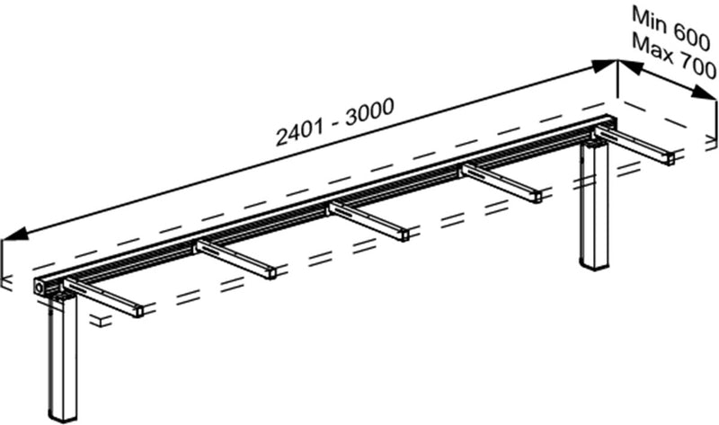 Pressalit INDIVO Wash Basin Lift, 2 Actuators, Grey, for Worktop 2401-3000mm (RK1414202) — dimensioned drawing