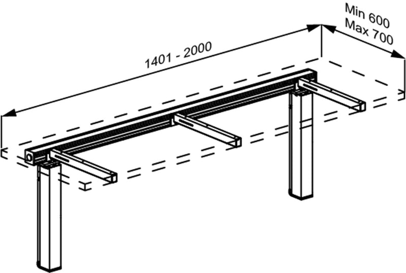 Pressalit INDIVO Wash Basin Lift, 2 Actuators, Grey, for Worktop 1401-2000mm (RK1412202) — dimensioned drawing